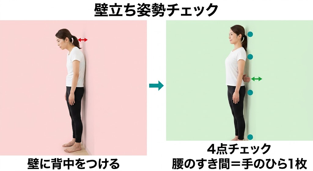 壁に背中をつけて姿勢を確認する動作の図解