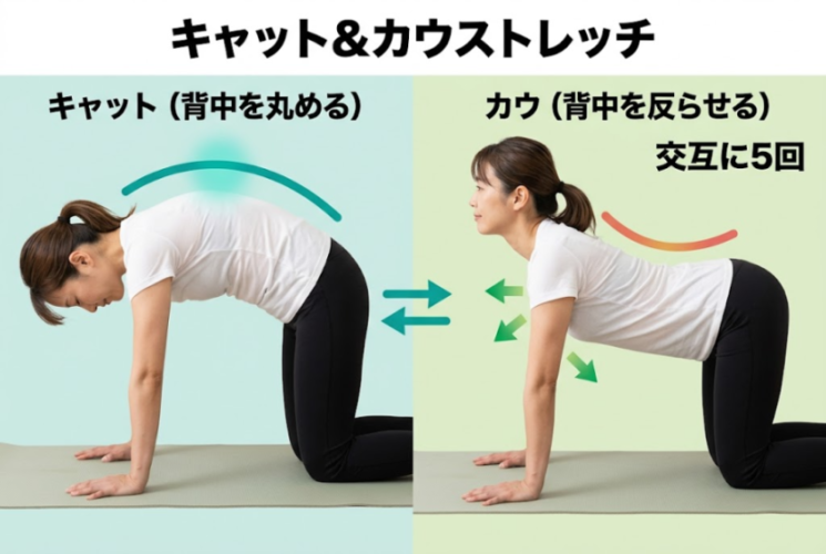 四つばいで背中を丸める・反らせるストレッチの図解