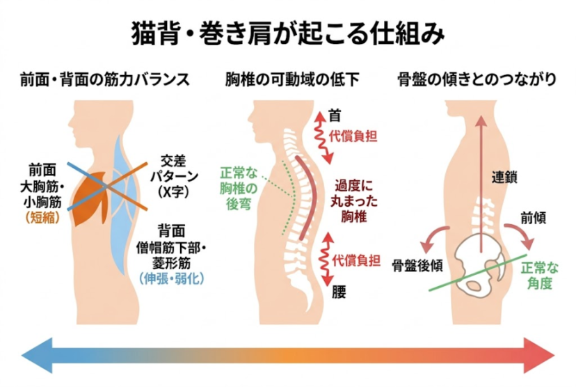 前面・背面の筋肉と骨盤の傾きの関係を示した解説イメージ