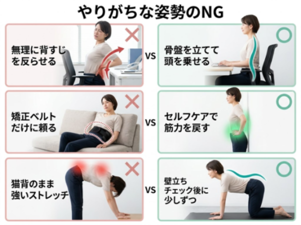 姿勢ケアで避けたい行動と見直しの目安の比較図