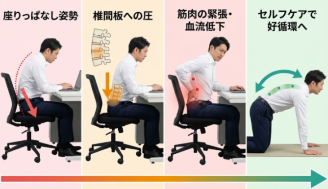 座り姿勢と腰への負担方向を示した解説図