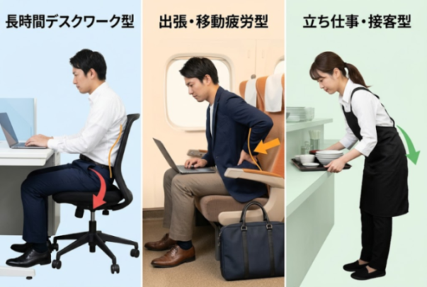 腰への負担3タイプを並べた比較図