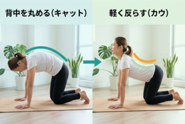 四つん這いで背中を丸める・反らせるストレッチの図解