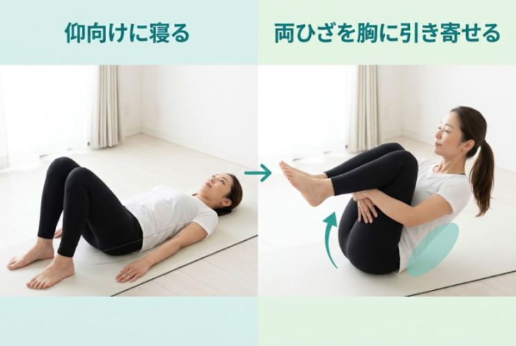 仰向けで両ひざを抱えるストレッチの図解