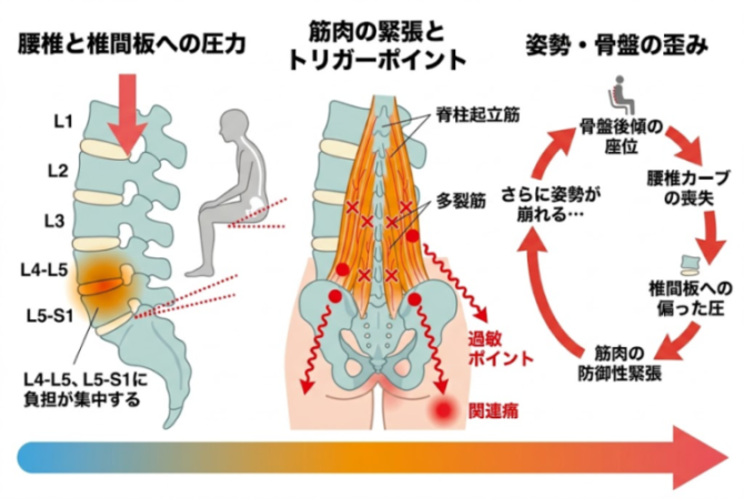 腰椎・椎間板・骨盤の関係を示した解説イメージ