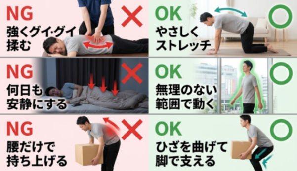 腰のケアで避けたい行動と見直しの目安の比較図