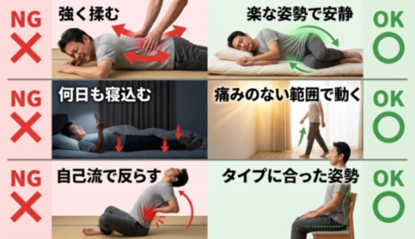 腰のケアで避けたい行動と見直しの目安の比較図