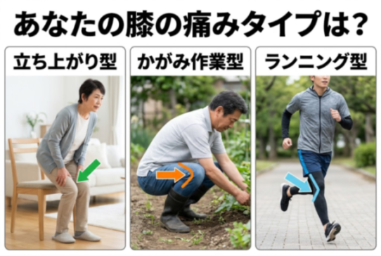 膝の痛みのタイプ別の特徴を比較した図