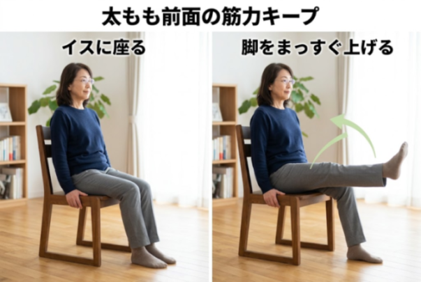 座って脚を持ち上げる運動の図