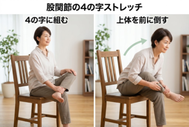 座って行う股関節ストレッチの図
