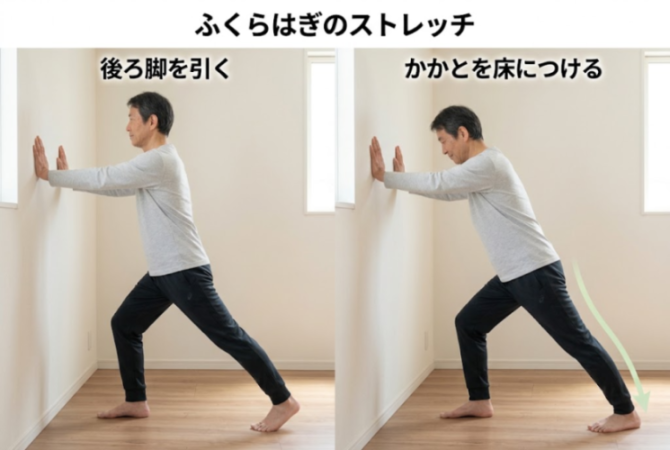 壁を使ったふくらはぎストレッチの図