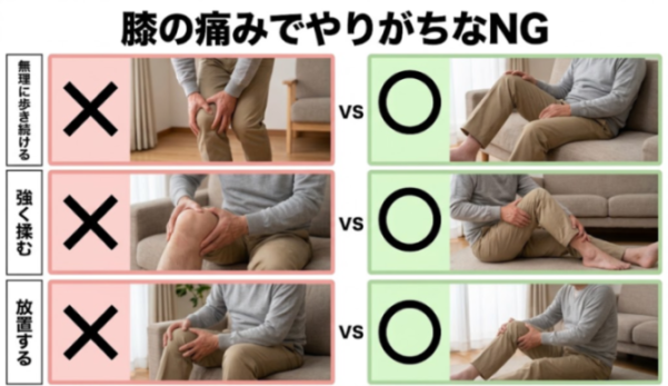 膝のケアで避けたい行動と見直しの目安の比較図