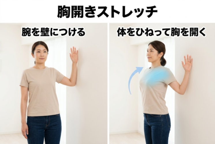 壁を使って胸を開くストレッチの図