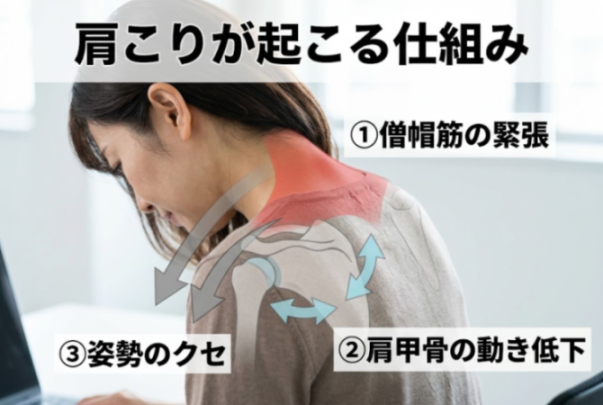 肩・肩甲骨・首の関係をやさしく示したイメージ図