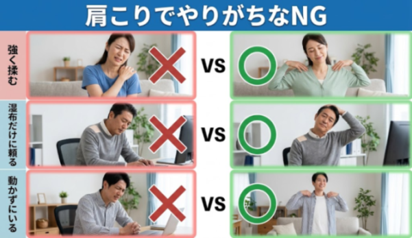 肩のケアで避けたい行動と見直しの目安の比較図