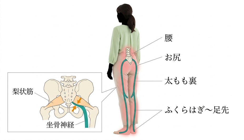 坐骨神経の経路と痛みが出やすい範囲の解説図