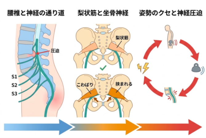 腰椎と坐骨神経の位置関係の解説図