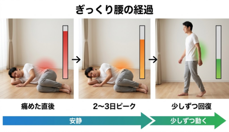 ぎっくり腰の経過と過ごし方の解説図