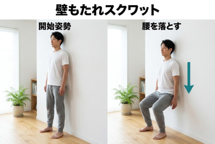 壁にもたれて腰を落とす運動の図解