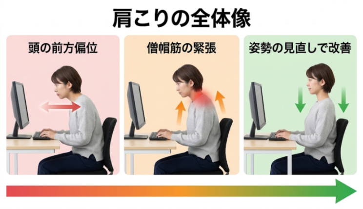 肩こりの姿勢と改善の流れの解説図