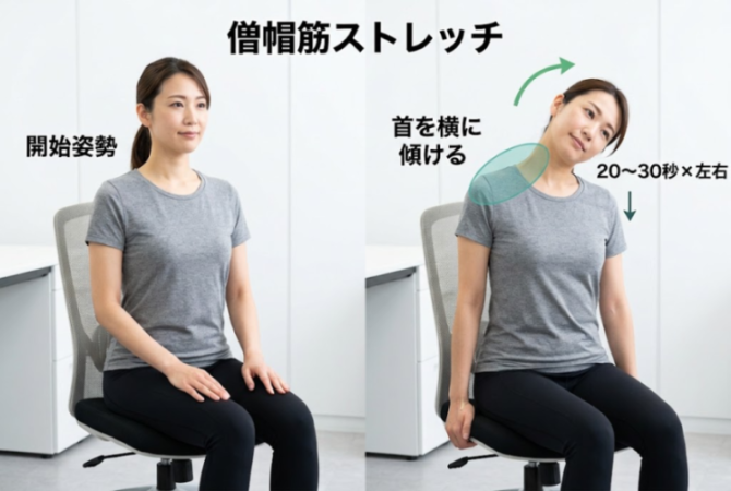 首を横に傾けるストレッチの図解