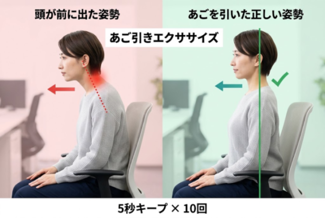 あごを引いて姿勢を整える運動の図解