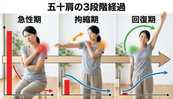 五十肩の急性期・拘縮期・回復期の経過イメージ図