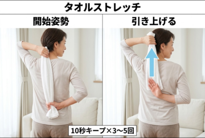 タオルストレッチのやり方を示した図解