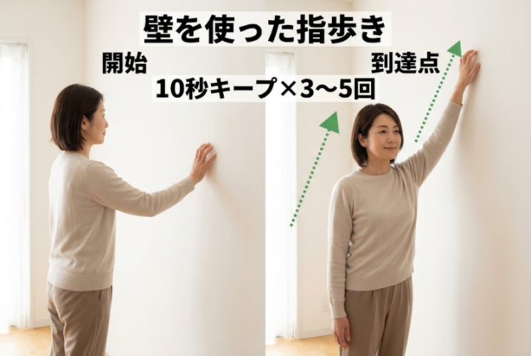 壁を使った指歩き運動のやり方を示した図解