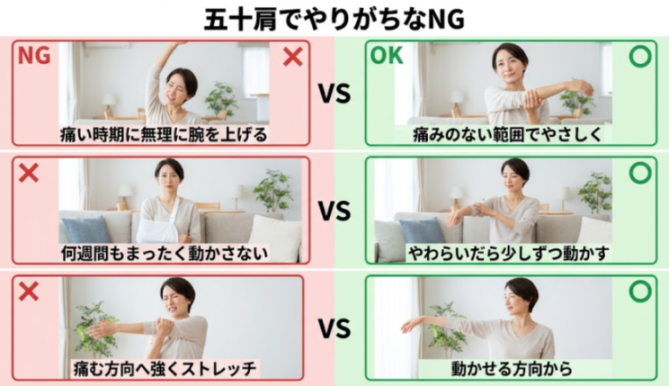 五十肩で避けたい行動と楽な対処の比較図