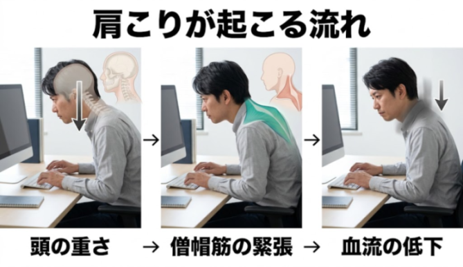 肩こりと姿勢・血流の関係を示す全体像の解説図