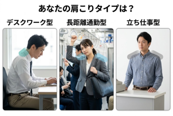 肩こり3タイプ（デスクワーク型・長距離通勤型・立ち仕事型）の比較図