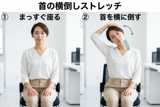 首の横倒しストレッチのやり方を示した図解