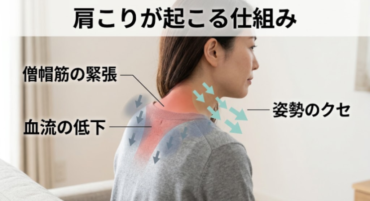 僧帽筋・肩甲骨・頸椎と姿勢の関係を示すイメージ図