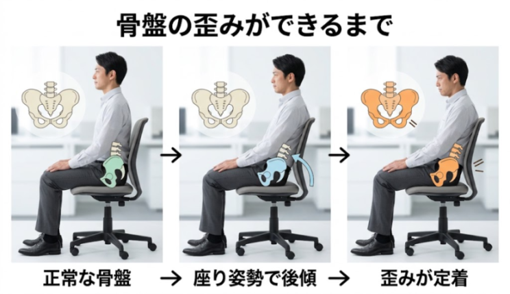 座り姿勢で骨盤の歪みが定着する流れを示した解説図