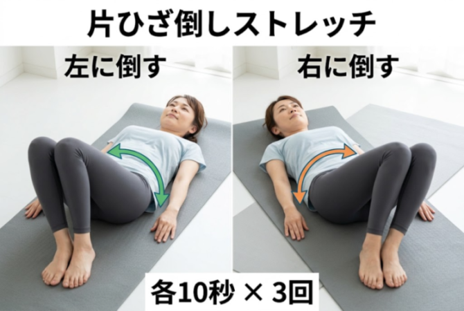 片ひざ倒し運動のやり方を示した図解