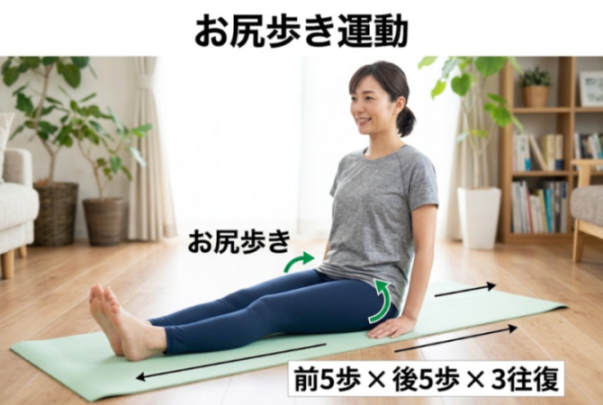 お尻歩き運動のやり方を示した図解