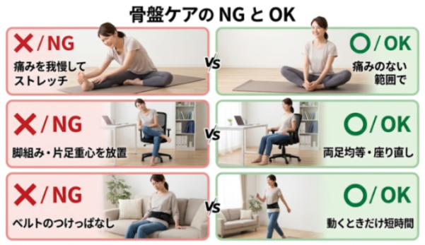 骨盤ケアで避けたい行動と対処の比較図