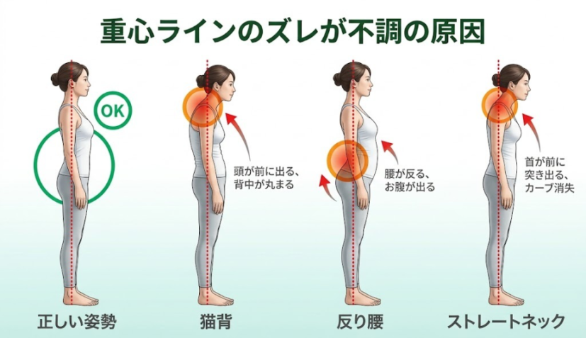 正しい姿勢と崩れた姿勢（猫背・反り腰・ストレートネック）の比較図