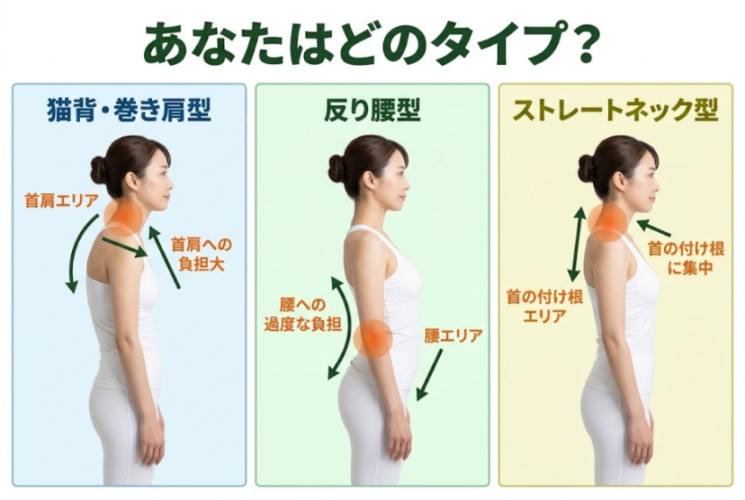 姿勢崩れ3タイプ（猫背巻き肩型・反り腰型・ストレートネック型）の比較図