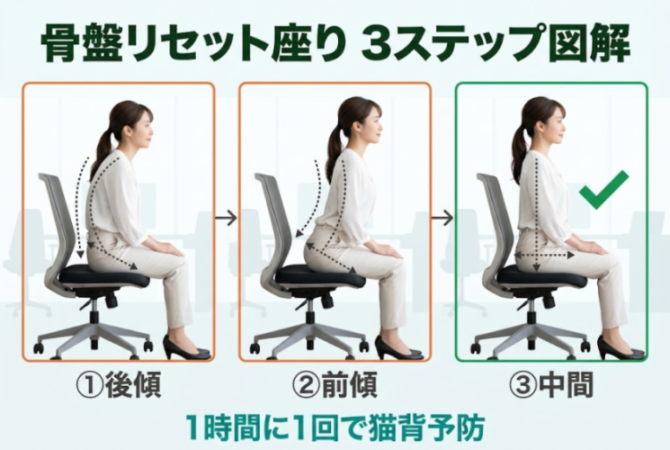 骨盤リセット座りのやり方を示した図解