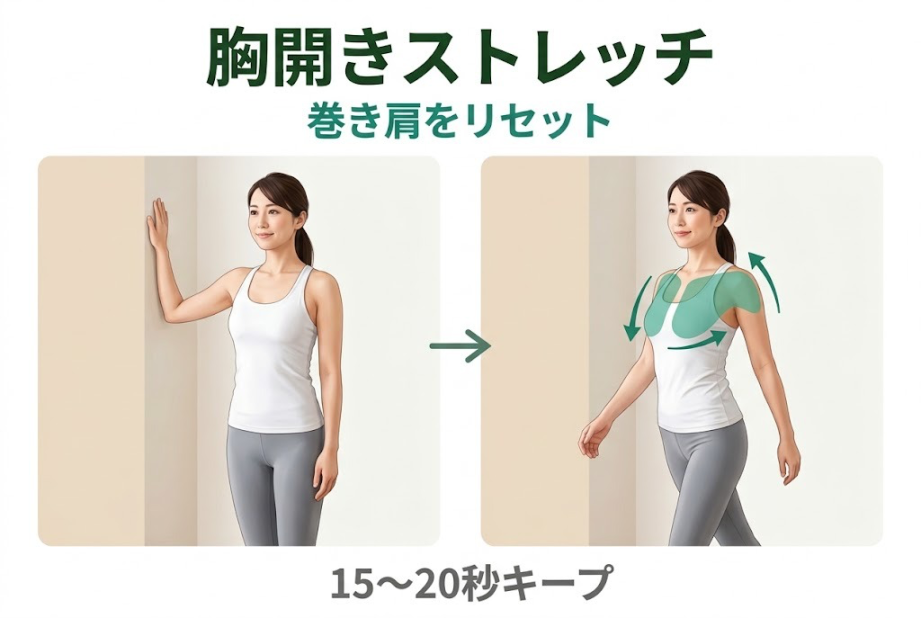 壁の角を使った胸開きストレッチのやり方を示した図解