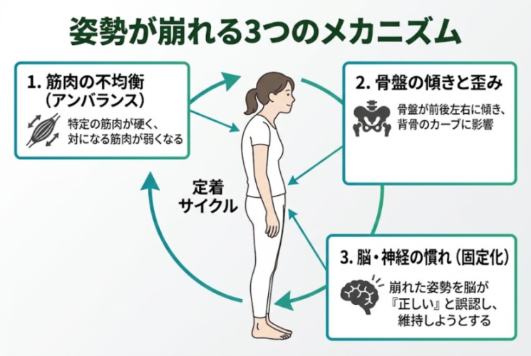 姿勢崩れが定着する3要素を示すイメージ図