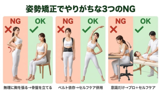 姿勢矯正で避けたい行動と対処の比較図