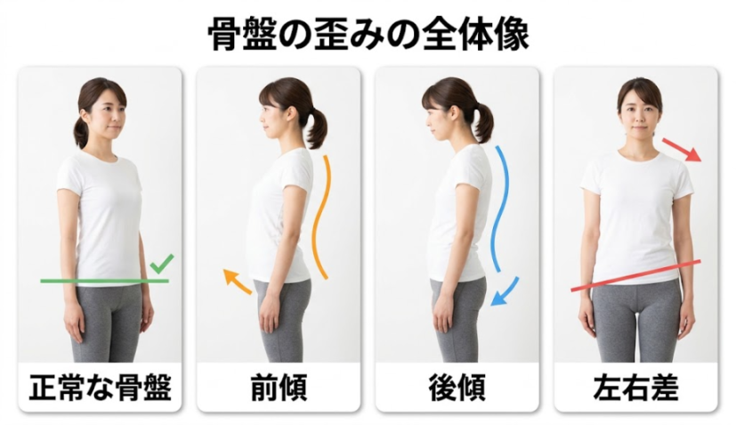 骨盤の前傾・後傾・左右差の3パターンを示した解説図