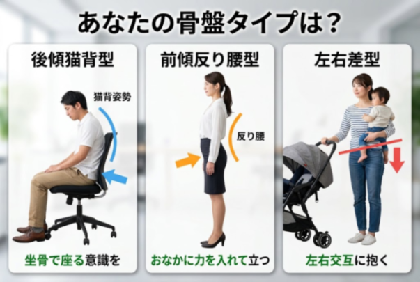 骨盤の歪み3タイプ（後傾猫背型・前傾反り腰型・左右差型）の比較図