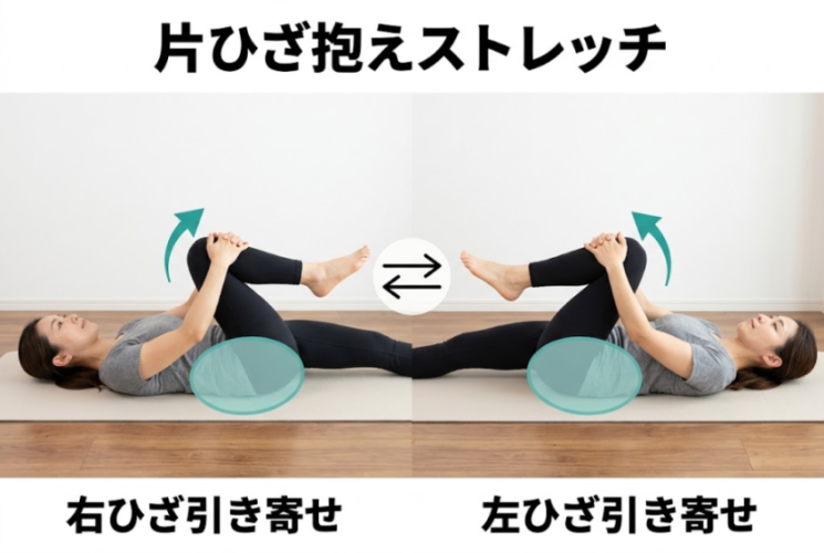 仰向けで片ひざを抱えるストレッチの図解