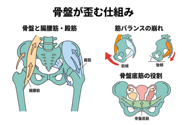 骨盤と腸腰筋・殿筋・骨盤底筋のバランス関係を示した図解