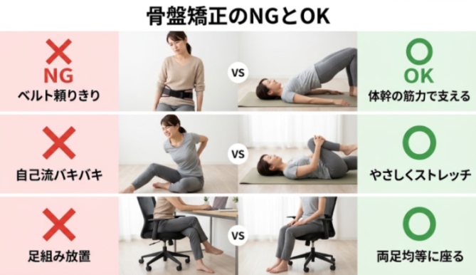 骨盤ケアで避けたい行動とおすすめの対処の比較図