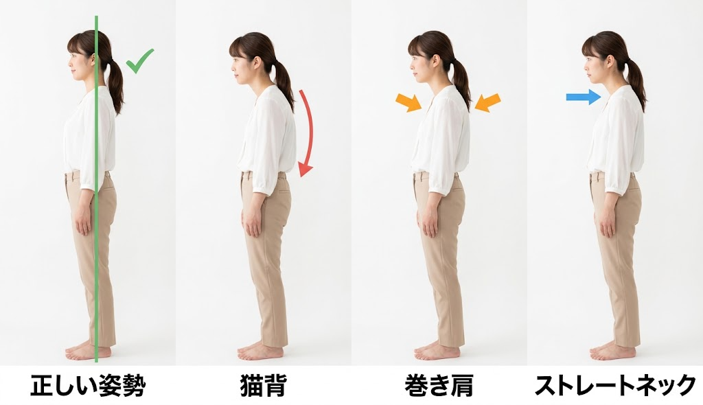 正しい姿勢と猫背・巻き肩・ストレートネックの比較図